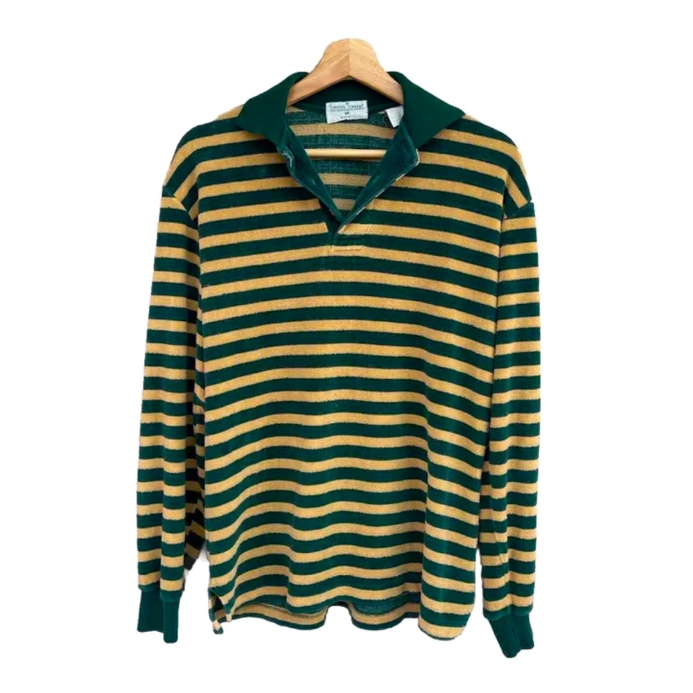 Vintage Striped Terry Cloth Long Sleeve Collar Polo Shirt Size Medium